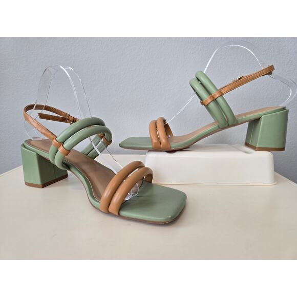 Torgeis New York Palm Heels Strappy Green & Tan Block Sandal Size 11 Preppy - Picture 2 of 9